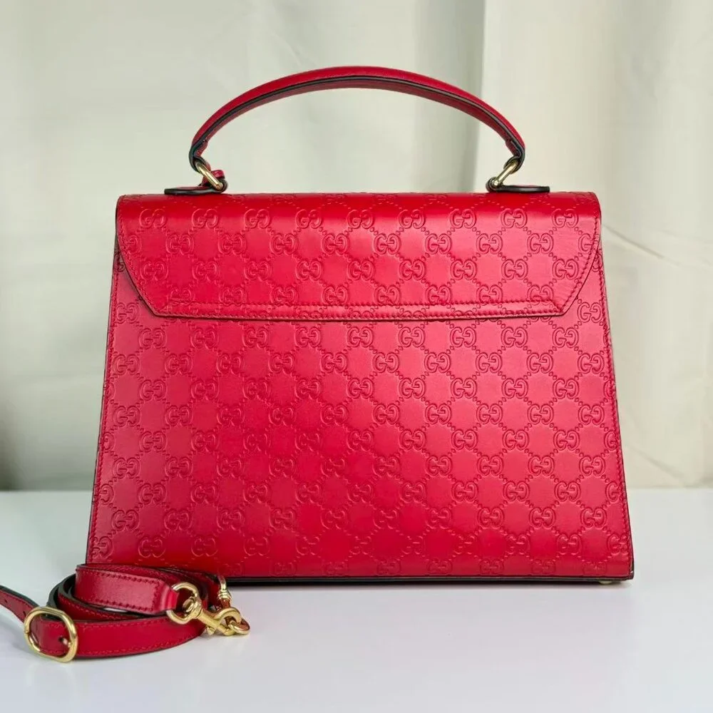 Gucci GG Logo Printed Red Leather Padlock Shoulder Bag with Gold Tone Lock